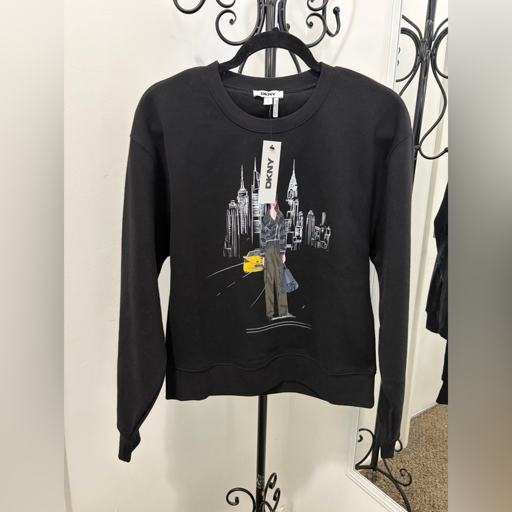 DKNY Black Crewneck Sweater with City Design